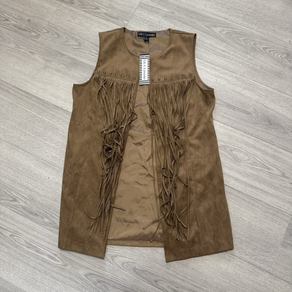 Lily & Lavender Tan Faux Suede Fringe Vest Open Front Western Boho NWT